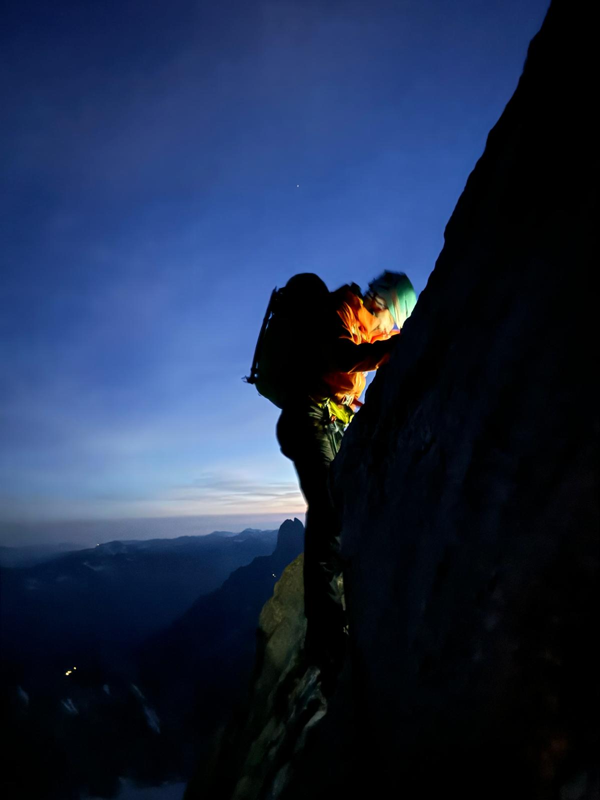 Climbing at dusk in the mountains